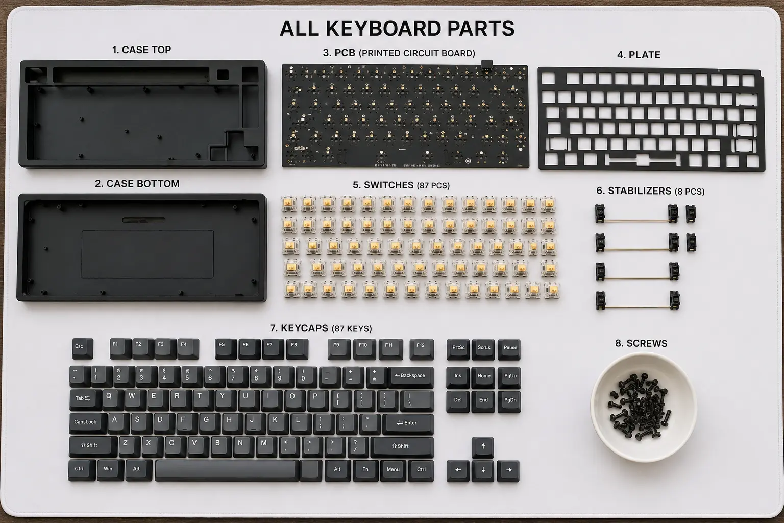 How to Build a Custom Mechanical Keyboard: Beginner's Guide (2026) 3 All keyboard parts laid out and labeled