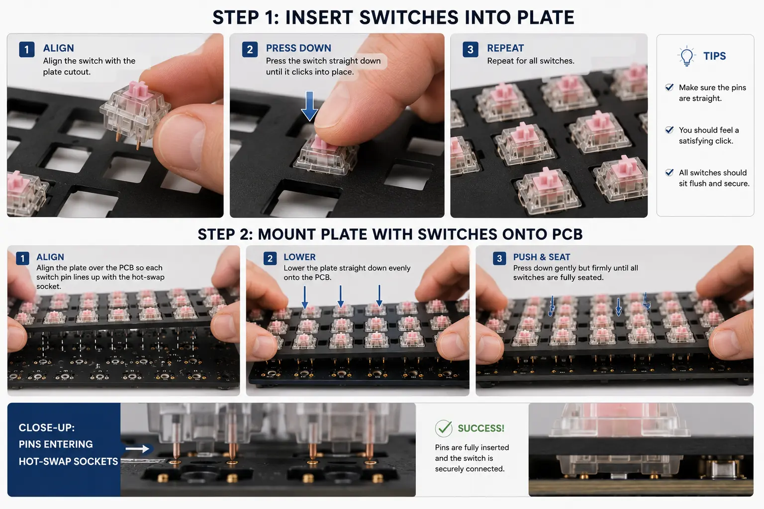 How to Build a Custom Mechanical Keyboard: Beginner's Guide (2026) 8 Installing switches into plate and PCB